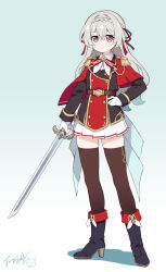  1girl absurdres black_boots black_jacket blue_background boots braid brown_thighhighs closed_mouth colored_shadow epaulettes firefly_(honkai:_star_rail) full_body gloves gradient_background grey_hair hair_between_eyes hair_intakes hand_on_own_hip high_heel_boots high_heels highres holding holding_sword holding_weapon honkai:_star_rail honkai_(series) jacket langbazi long_sleeves pleated_skirt red_eyes shadow signature skirt sleeves_past_wrists smile solo standing sword thighhighs thighhighs_under_boots weapon white_background white_gloves white_skirt 