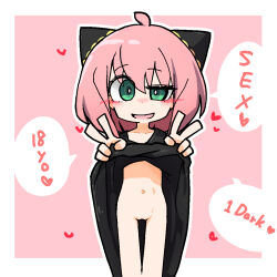  anya_(spy_x_family) blush bottomless clothes_lift dress dress_lift green_eyes heart kan_(kam48360493) loli pink_hair pulling_own_clothes pussy simple_background speech_bubble spy_x_family thigh_gap v  rating:Explicit score:77 user:BostonsTrain