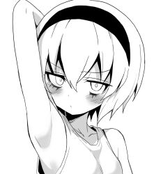  1girl arm_up armpit_focus armpits artist_request blush headband jashin-chan_dropkick monochrome pekora_(jashin-chan_dropkick) short_hair solo solo_focus tank_top third-party_edit  rating:Sensitive score:8 user:anon999654