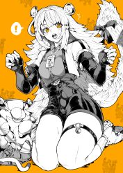  ! 1girl ^^^ absurdres animal_ears commentary_request fingerless_gloves fingernails gloves greyscale greyscale_with_colored_background highres ju_fufu looking_at_viewer monochrome open_mouth orange_background orange_eyes shirt shoes solo spoken_exclamation_mark tail thigh_strap thighs tiger_ears tiger_girl tiger_tail yotsumi_shiro zenless_zone_zero 
