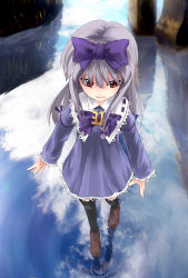 1girl 3.1-tan bad_id bad_pixiv_id bow brown_shoes child dress female_focus grey_hair hair_bow hair_ribbon lolita_fashion long_hair os-tan panties pantyshot red_eyes reflection reflective_water ribbon shoes short_dress smile solo thighhighs underwear wander_(artist) wander_(cordabyss) water rating:Sensitive score:9 user:danbooru