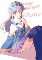  1girl atelier_(series) atelier_totori character_name closed_mouth commentary_request detached_sleeves grey_eyes grey_hair happy_birthday highres long_hair looking_to_the_side minidraco pleated_skirt sitting skirt smile solo totooria_helmold 