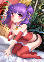  1girl :o absurdres alternate_costume ass black_panties blunt_bangs blurry bokeh box christmas_ornaments christmas_tree curtains depth_of_field detached_collar detached_sleeves dutch_angle fire_emblem fire_emblem:_the_sacred_stones flat_chest full_body fur-trimmed_sleeves fur_trim gift gift_box hair_tie highres kneeling lace lace_panties leaning_forward legs_together long_hair looking_at_viewer midriff multi-tied_hair myrrh_(fire_emblem) mystic-san nintendo on_bed open_mouth pale_skin panties pillow pulling_own_clothes purple_hair red_eyes red_shirt red_thighhighs santa_costume shiny_skin shirt solo strapless strapless_shirt thighhighs thighs twintails underwear window  rating:Sensitive score:10 user:PokaraNoOobabasama