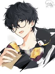  1boy amamiya_ren black-framed_eyewear black_cat black_eyes black_hair black_shirt cat closed_eyes fang food glasses hair_between_eyes highres holding holding_food male_focus mnce_o morgana_(cat)_(persona_5) morgana_(persona_5) multiple_views open_mouth persona persona_5 roasted_sweet_potato shirt simple_background steam sweet_potato tuxedo_cat upper_body white_background 