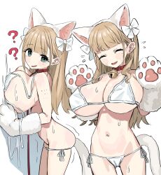  1girl animal_collar animal_ears bell bfmelu bikini breasts brown_hair cat_ears collar green_eyes highres huge_breasts jingle_bell leash long_hair mature_female micro_bikini neck_bell original simple_background swimsuit vaccine_scar white_background white_bikini 