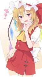  +++ 1girl ascot back_bow blonde_hair blush bow clothes_lift commentary_request cowboy_shot crystal fang flandre_scarlet hand_up haruki_reimari hat hat_ribbon highres long_hair looking_at_viewer mob_cap open_mouth red_eyes red_ribbon red_skirt red_vest ribbon shirt short_sleeves skin_fang skirt skirt_hold skirt_lift smile solo touhou vest white_background white_hat white_shirt wings yellow_ascot yellow_background  rating:Sensitive score:10 user:danbooru