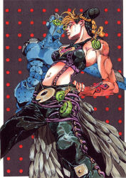  1girl absurdres araki_hirohiko araki_hirohiko_(style) black_hair blonde_hair braid braided_ponytail breasts closed_mouth double_bun hair_bun halterneck hand_on_back highres jojo_no_kimyou_na_bouken kuujou_jolyne looking_away medium_breasts midriff multicolored_hair navel_piercing official_art pants parted_lips patterned_background piercing polka_dot polka_dot_background scan stand_(jojo) stone_free sunglasses tattoo third-party_edit two-tone_hair  rating:Sensitive score:10 user:Amololis