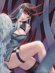  1girl anniecreate asymmetrical_legwear blue_hair breasts brown_hair colored_tips demon_girl demon_horns ear_piercing head_tilt highres horns japanese_clothes jewelry looking_at_viewer lunarnia multicolored_hair nail_polish pale_skin piercing red_eyes ring solo thick_thighs thighhighs thighs vdonburi virtual_youtuber 