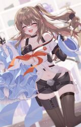  ajeu914 assault_rifle black_choker black_shorts blue_dress breasts brown_thighhighs choker cleavage_cutout closed_eyes clothing_cutout dress girls&#039;_frontline girls&#039;_frontline_2:_exilium gun hair_ornament hairclip hat highres k2_(girls&#039;_frontline) kneeling large_breasts long_hair midriff navel rifle short_shorts shorts showgirl_skirt side_ponytail smile thighhighs weapon 
