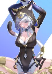  1girl :3 absurdres animal_ears animal_hood arms_up black_gloves blue_eyes blush breasts cat_ears cat_girl cat_hood cat_tail cipher_(honkai:_star_rail) cleavage commentary covered_navel elbow_gloves fangs gloves grey_hair highres honkai:_star_rail honkai_(series) hood large_breasts mole mole_on_breast one_eye_closed rua_(rua0007113) short_hair_with_long_locks shorts solo tail thighs two-tone_background white_shorts 