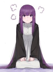  1girl :t absurdres angry black_robe closed_mouth cloud commentary corrupted_twitter_file dress fern_(sousou_no_frieren) frown full_body gown half_updo highres long_hair long_sleeves muina pout puff_of_air purple_eyes purple_hair robe seiza simple_background sitting solo sousou_no_frieren white_background 