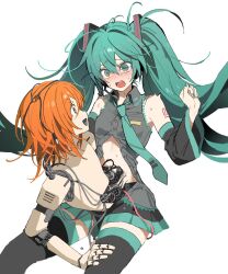  2girls a.i._voice adachi_rei android aqua_eyes aqua_hair aqua_nails aqua_necktie aqua_trim arm_tattoo bare_shoulders black_boots black_skirt black_sleeves blush boots breast_pocket breasts cable collared_shirt conjoined cowboy_shot detached_sleeves facing_viewer frilled_shirt frills grey_shirt hair_between_eyes hair_ornament hand_on_another&#039;s_thigh hand_up hatsune_miku highres joints long_hair looking_at_another mechabare medium_hair multiple_girls natwjeq necktie number_tattoo orange_eyes orange_hair partially_unbuttoned pleated_skirt pocket robot_joints shirt sidelocks simple_background sitting skirt sleeveless sleeveless_shirt small_breasts sweat tattoo teeth thigh_boots thighhighs tie_clip tongue upper_teeth_only utau very_long_hair vocaloid white_background wide-eyed wide_sleeves zettai_ryouiki 