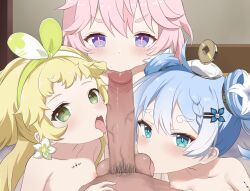 3girls blonde_hair blue_eyes blue_hair censored commentary encore_(wuthering_waves) english_commentary fellatio flat_chest green_eyes highres licking licking_penis licking_testicle loli long_hair looking_at_viewer male_pubic_hair mosaic_censoring multiple_girls nipples open_mouth oral paid_reward_available penis pink_hair pov pov_crotch pubic_hair purple_eyes testicles tongue tongue_out verina_(wuthering_waves) watarurikka wuthering_waves youhu_(wuthering_waves)  rating:Explicit score:178 user:danbooru