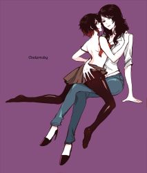 2girls age_difference ass ass_grab black_hair black_legwear bra unworn_bra cinder_fall clothes_lift denim from_behind high_heels jeans kuma_(bloodycolor) crossed_legs long_hair multiple_girls open_bra pants pantyhose red_hair ruby_rose rwby shirt short_hair skirt skirt_lift underwear white_shirt yuri rating:Questionable score:45 user:danbooru