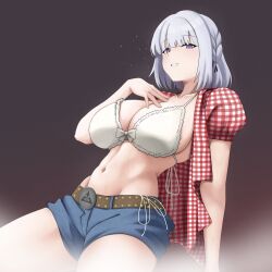  1girl belt blue_shorts bra breasts cleavage cosplay cyka denim denim_shorts gingham_shirt girls&#039;_frontline grey_hair hand_on_own_chest highres jewelry kwon_eun-bi kwon_eun-bi_(cosplay) large_breasts long_hair looking_at_viewer navel open_clothes open_mouth open_shirt purple_eyes red_shirt rpk-16_(girls&#039;_frontline) shirt short_hair shorts smile solo underwear white_bra 