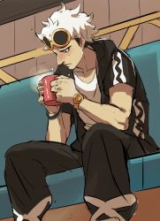  1boy 2hands1cup black_hair black_jacket black_pants blush closed_mouth commentary_request cup eyewear_on_head from_below guzma_(pokemon) holding holding_cup hood hooded_jacket jacket looking_down male_focus mug multicolored_hair nintendo pants pokemon pokemon_sm rott_ur shirt short_sleeves sitting solo steam sunglasses team_skull two-tone_hair white_hair white_shirt yellow-framed_eyewear 