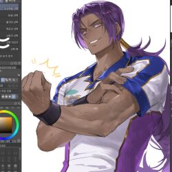  1boy art_program_in_frame bhima_(fate) dark-skinned_male dark_skin fate/grand_order fate_(series) flexing hair_tubes long_hair looking_at_viewer male_focus muscular muscular_male potato_goril purple_eyes purple_hair shirt simple_background single_hair_tube smile solo t-shirt upper_body white_background wristband 