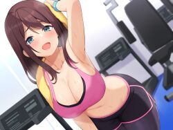 1girl absurdres arm_up armpits bare_arms bare_shoulders bent_over black_pantyhose black_shorts blue_eyes blurry breasts brown_hair cleavage collarbone commentary_request crop_top depth_of_field dolphin_shorts dutch_angle gym heavy_breathing highres holding large_breasts long_hair looking_at_viewer midriff navel open_mouth original pantyhose pink_shirt pink_sports_bra shirt short_shorts shorts sleeveless sleeveless_shirt smile solo sports_bra standing stomach sweat sweatband towel towel_around_neck umihal rating:Sensitive score:43 user:danbooru