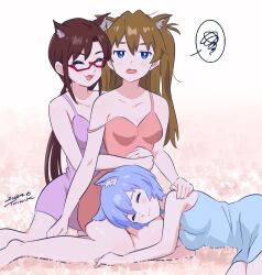  3girls :3 animal_ears ayanami_rei blue_hair breasts brown_hair cat_ears cat_girl closed_eyes glasses hug jitome lap_pillow makinami_mari_illustrious multiple_girls neon_genesis_evangelion nightgown rebuild_of_evangelion souryuu_asuka_langley spoken_squiggle squiggle tsunemoku 
