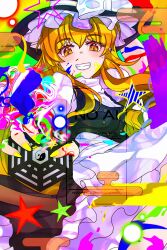  absurdres apron black_vest blonde_hair bow braid breasts broom broom_riding colorful hair_bow hair_tubes hat hat_bow highres hirwannew kirisame_marisa medium_breasts mini-hakkero naughty_face side_braid single_braid touhou vest waist_apron white_bow witch_hat 