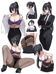  1girl absurdres ass bra breasts formal_clothes highres jacket lingerie medium_breasts necktie original panties pantyhose ponytail simple_background suit suit_jacket takoneru underwear undressing white_background  rating:Questionable score:24 user:POLTATO