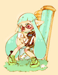 1girl absurdres bike_shorts dynamo_roller earphones grass highres inkling inkling_girl inkling_player_character loli long_hair nintendo paint_roller phone pointy_ears splatoon_(series) splatoon_1 stuffed_animal stuffed_toy tentacle_hair yuki_usa111