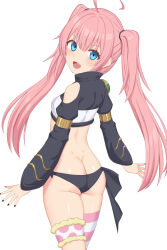  1girl :d absurdres ahoge ass black_nails black_panties blue_eyes butt_crack clothing_cutout commentary fangs from_behind hair_between_eyes highres long_hair long_sleeves looking_at_viewer milim_nava open_mouth panties pink_hair polka_dot polka_dot_legwear shoulder_cutout sidelocks simple_background single_bare_shoulder single_thighhigh smile solo striped_clothes striped_thighhighs tensei_shitara_slime_datta_ken thighhighs twintails underwear user_efkf4848 white_background 