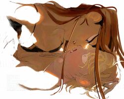  1boy 1girl alien_stage blonde_hair blood blood_on_mouth blue_eyes brown_hair commentary dark-skinned_female dark_skin girl_on_top hand_on_another&#039;s_head hetero highres hyuna_(alien_stage) long_hair luka_(alien_stage) mowar25 nosebleed parted_lips signature symbol-only_commentary yellow_eyes 