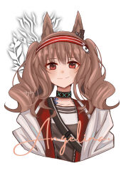  1girl absurdres angelina_(arknights) animal_ears arknights artist_name blush brown_hair character_name coat collarbone commentary cropped_torso dot_nose drill_hair earpiece english_commentary fox_ears fox_girl hairband highres infection_monitor_(arknights) isysy jacket long_hair looking_at_viewer material_growth open_clothes open_coat oripathy_lesion_(arknights) outline painttool_sai_(medium) red_eyes red_hairband red_jacket simple_background smile solo split_mouth striped_clothes striped_hairband twin_drills unzipped upper_body white_background white_coat 