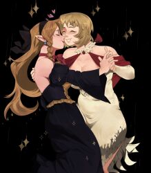  2girls black_dress black_hairband blonde_hair bow braid breasts cleavage dancing dress dungeon_meshi elf falin_touden falin_touden_(tallman) feather_dress gold_trim hair_bow hairband highres holding_hands large_breasts long_hair marcille_donato multiple_girls official_alternate_costume pointy_ears red_shawl shawl stresseddog twin_braids white_dress yuri 