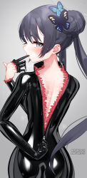  1girl absurdres alternate_costume back_zipper black_bodysuit black_gloves black_hair blue_archive bodysuit braid braided_bun breasts butterfly_hair_ornament double_bun from_behind gloves grey_eyes hair_bun hair_ornament highres impossible_bodysuit impossible_clothes kisaki_(blue_archive) latex latex_bodysuit loli long_hair maguro27 partially_unzipped skin_tight small_breasts solo tentacle_clothes twintails unzipping very_long_hair zipper zipper_pull_tab 