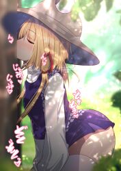  1boy 1girl absurdres blonde_hair blur_censor blurry blurry_background blurry_foreground blush brown_headwear censored closed_eyes clothed_female_nude_male collar darumoon fellatio from_side hair_ribbon hat heart hetero highres kneeling leaning_forward long_sleeves moriya_suwako motion_lines nose_blush nude oral outdoors paid_reward_available penis plant profile purple_skirt purple_vest red_ribbon ribbon short_hair_with_long_locks sidelocks skirt skirt_set snake_print solo_focus sound_effects spoken_heart thighhighs thighs touhou vest white_collar white_sleeves white_thighhighs wide_sleeves  rating:Explicit score:58 user:danbooru