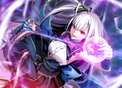  1girl ahoge armpits bare_shoulders belt black_belt black_skirt blurry blurry_background bow bowtie breasts card duel_masters duel_masters_play&#039;s elbow_gloves frilled_skirt frills from_above gloves gradient_background grey_hair highres holding holding_card long_hair looking_at_viewer looking_up luca_(duel_masters) one_side_up open_mouth red_bow red_bowtie red_eyes shirt skirt sleeveless sleeveless_shirt so-on solo trading_card white_shirt 