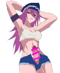  1futa armband blue_eyes blue_shorts breasts cowboy_shot crop_top denim denim_shorts erection futanari hands_behind_own_head hat long_hair looking_at_viewer medium_breasts medium_penis navel peaked_cap penis penis_out pink_hair poison_(final_fight) pongo shirt shorts solo very_long_hair white_shirt wristband 