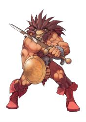  1boy absurdres animal_ears animal_head boots brown_hair clenched_teeth cuffs fangs fighting_stance full_body furry furry_male game_cg highres holding holding_shield holding_sword holding_weapon leo_(warzard) lion lion_boy lion_ears lion_mane long_hair muscular muscular_male non-web_source official_art red_boots red_eyes red_loincloth scar shackles shield simple_background solo sword teeth topless_male veins veiny_arms warzard weapon white_background yasuda_akira 