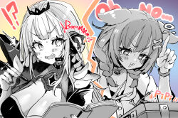  !? 2girls animal_ears blush_stickers bone_hair_ornament book braid breasts cleavage cloak commentary defusing dog_ears dress duplicate earpiece english_text greyscale_with_colored_background hair_ornament headset highres holding holding_book holding_pen holding_scissors hololive hololive_english index_finger_raised inugami_korone inugami_korone_(1st_costume) kamiya_zuzu keep_talking_and_nobody_explodes large_breasts long_hair medium_breasts medium_hair mori_calliope mori_calliope_(1st_costume) multiple_girls nail_polish nervous open_mouth partially_colored pen scissors side_braids spikes surprised sweat tiara twin_braids upper_body veil virtual_youtuber wristband 