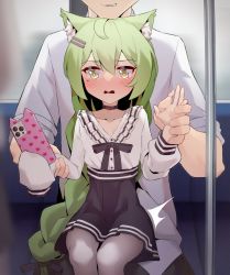  1boy 1girl 3: ^^^ akashi_(azur_lane) animal_ear_fluff azur_lane bad_id bad_twitter_id black_choker black_ribbon black_skirt blush braid cellphone chin_rest choker closed_mouth embarrassed green_hair hair_ornament hairclip head_on_head head_rest hetero high-waist_skirt holding holding_another&#039;s_wrist holding_phone long_hair long_sleeves mole mole_under_eye neck_ribbon pantyhose parted_lips phone ribbon shirt single_braid sitting sitting_on_lap sitting_on_person skirt sleeves_past_fingers sleeves_past_wrists smartphone smartphone_case streetcar_interior very_long_hair viroa white_pantyhose white_shirt wide-eyed yellow_eyes 