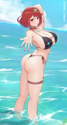  1girl ass bikini black_bikini blue_sky blush breasts closed_mouth cloud cloudy_sky commentary day english_commentary fingernails huge_breasts kaos_art looking_at_viewer medium_hair nail_polish outdoors pyra_(xenoblade) red_eyes red_hair red_nails sky smile solo swept_bangs swimsuit thighs twisted_torso wading xenoblade_chronicles_(series) xenoblade_chronicles_2 