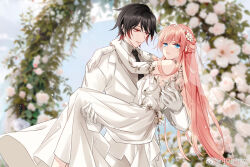  1boy 1girl arch bare_shoulders black_hair black_necktie blue_eyes blurry blurry_background braid bridal_veil carrying chinese_commentary chuanyue_xiyuan_3000_hou closed_mouth collared_shirt colored_tips couple cowboy_shot day dress dress_flower elbow_gloves expressionless feet_out_of_frame floral_arch flower formal_clothes gloves groom hair_flower hair_ornament half_up_braid hetero husband_and_wife jacket long_hair long_sleeves looking_at_another looking_at_viewer looking_to_the_side multicolored_hair necktie pants pink_hair princess_carry red_eyes red_hair ribbon rose shirt short_hair smile strapless strapless_dress suit suit_jacket swept_bangs veil watermark wedding wedding_dress weibo_watermark white_dress white_flower white_gloves white_jacket white_pants white_ribbon white_rose white_shirt white_suit windsky_kadedin wispy_bangs xiao_xiao_zuowen ye_bingyao 