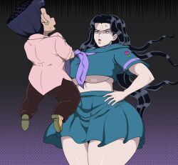  1boy 1girl anger_vein angry black_hair breasts diamond_wa_kudakenai highres huge_breasts jojo_no_kimyou_na_bouken kobayashi_tamami lifting_person long_hair looking_at_another pulpawoelbo purple_eyes school_uniform thick_thighs thighs wide_hips yamagishi_yukako 