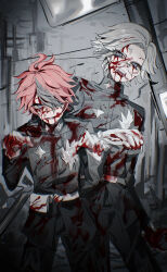  2boys absurdres ahoge aotsuki_eito belt belt_pouch black_pants blood blood_from_forehead blood_in_mouth blood_on_clothes blood_on_face blood_on_gloves bloody_tears chinese_commentary gakuran glasses gloves grey_background grey_eyes grey_hair highres jacket kilo782524 last_defense_academy_school_uniform looking_at_viewer male_focus multicolored_hair multiple_boys outstretched_arms pants pouch red_hair ruins school_uniform short_hair streaked_hair sumino_takumi the_hundred_line_-last_defense_academy- white_belt white_gloves zombie_pose 