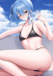  1girl absurdres alternate_costume ass bikini black_bikini black_hair blue_eyes blue_hair blue_sky blurry blurry_background blush breasts collarbone day feet_out_of_frame hair_between_eyes hair_ribbon hand_up highres hololive hoshimachi_suisei laimer legs long_hair looking_at_viewer one_eye_closed one_side_up outdoors ribbon sitting sky small_breasts smile solo star_(symbol) star_in_eye swimsuit symbol_in_eye teeth thighs v virtual_youtuber 