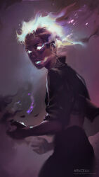 1girl androgynous artist_name arucelli black_pants cowboy_shot dark dark_skin fiery_hair fire flaming_eyes flaming_mouth from_side glowing highres jacket lips lipstick looking_to_the_side makeup nose open_clothes open_hands open_jacket open_mouth original painterly pants parted_lips purple_lips realistic sleeves_rolled_up smoke solid_eyes solo very_dark_skin white_fire rating:General score:2 user:danbooru