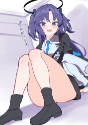 1girl absurdres arm_support ass bare_legs black_boots black_jacket black_skirt blue_archive blush boots halo highres id_card jacket knees_up looking_at_viewer miniskirt purple_eyes purple_hair sitting skirt solo sutora_binsuke sweatdrop thighs translation_request two_side_up yuuka_(blue_archive) rating:Sensitive score:13 user:danbooru