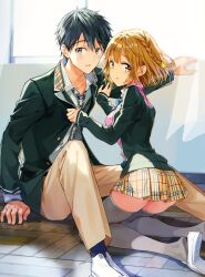 1boy 1girl ass black_hair black_jacket black_necktie blazer blonde_hair blue_eyes braid clothes_grab collar_grab grey_thighhighs indoors jacket kneeling koiwai_yoshino looking_at_viewer looking_back makabe_masamune masamune-kun_no_revenge miniskirt necktie neckwear_grab on_floor pants parted_lips pink_sweater_vest plaid_clothes plaid_skirt pleated_skirt shirt short_hair sitting skirt sweater_vest thighhighs thighs tiv white_shirt window wooden_floor yellow_eyes yellow_pants yellow_skirt zettai_ryouiki rating:Sensitive score:18 user:danbooru