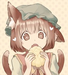  1girl animal_ear_fluff animal_ears bob_cut bow bowtie bright_pupils brown_eyes brown_hair cat_ears cat_tail chen dot_nose eating eyebrows_hidden_by_hair fang food frills gold_trim hair_between_eyes hands_up hat heart heart-shaped_pupils highres holding holding_food mob_cap multiple_tails nekomata open_mouth polka_dot polka_dot_background rave red_vest short_hair simple_background single_ear_down skin_fang solo symbol-shaped_pupils tail tareme touhou two-handed two_tails vest yellow_bow yellow_bowtie 