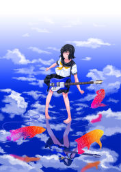 1girl barefoot bass_guitar black_hair closed_eyes cloud feet female_focus fish guitar hamada_youho instrument koi original panties pantyshot pigeon-toed reflection rickenbacker rickenbacker_4001 ripples school_uniform serafuku short_hair solo underwear upskirt walking walking_on_liquid water rating:Sensitive score:3 user:danbooru