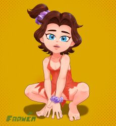  1girl absurdres aged_down armpit_crease artist_name bare_legs bare_shoulders barefoot blue_eyes body_freckles bottomless bracelet brown_hair collarbone convenient_arm curtained_hair donkey_kong_(series) donkey_kong_bananza eyelashes farwen feet female_focus fingernails flat_chest freckles full_body hair_intakes hair_ornament highres jewelry knees legs lips loli looking_at_viewer medium_hair neck nintendo nipple_slip nipples no_bra own_hands_together parted_bangs parted_lips pauline_(mario) pauline_(young)_(mario) red_shirt seductive_gaze shirt side_ponytail sidelocks sleeveless sleeveless_shirt small_nipples spread_legs squatting thick_eyebrows thighs tiptoes toenails toes topknot v-neck v_arms 
