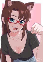  1girl :d animal_ears aqua_eyes breasts cat_ears cleavage collarbone glasses long_hair makinami_mari_illustrious neon_genesis_evangelion open_mouth paw_pose rebuild_of_evangelion shirt short_sleeves smile tsunemoku 