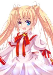  1girl :d blonde_hair blue_eyes blush commentary_request cowboy_shot crown dress eyes_visible_through_hair hair_between_eyes happy heterochromia highres juliet_sleeves kazamatsuri_institute_high_school_uniform long_hair long_sleeves looking_at_viewer minatoto mini_crown nakatsu_shizuru neck_ribbon no_eyepatch open_mouth pink_dress puffy_sleeves red_ribbon rewrite ribbon school_uniform sidelocks simple_background smile solo twintails very_long_hair white_background wide_sleeves yellow_eyes 